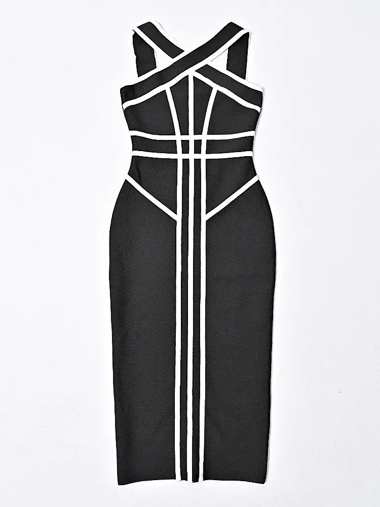 المرأة الصيف الرسن خمر المدرج فستان فاخر أسود أبيض التباين ضمادة ميدي ضمادة فستان سهرة Vestidos XL ماكسي