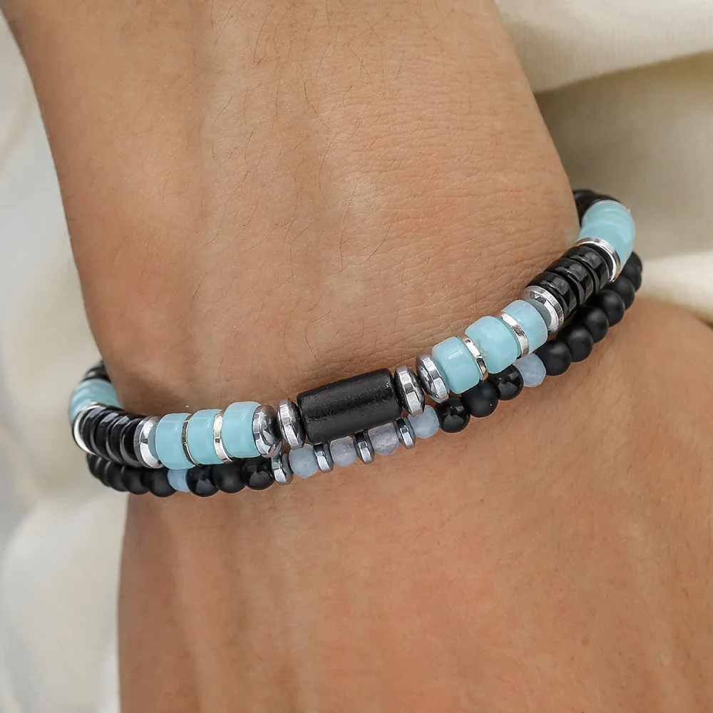 Modisches 2-teiliges Set aus schwarzen Steinperlen-Armbändern, handgefertigtes elastisches Seil-Armband, geeignet für den täglichen Gebrauch.