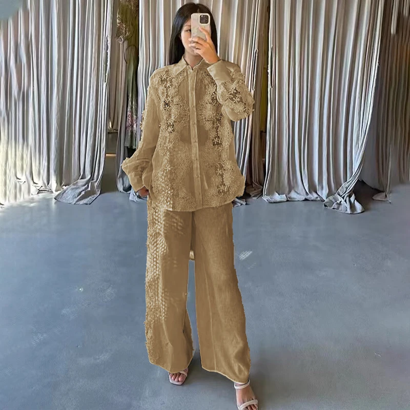 

Heavy Embroidery Lace Trim irt Wide Leg Long Pant Set Australian Design Two Piece Set Faionable Fem Suiting