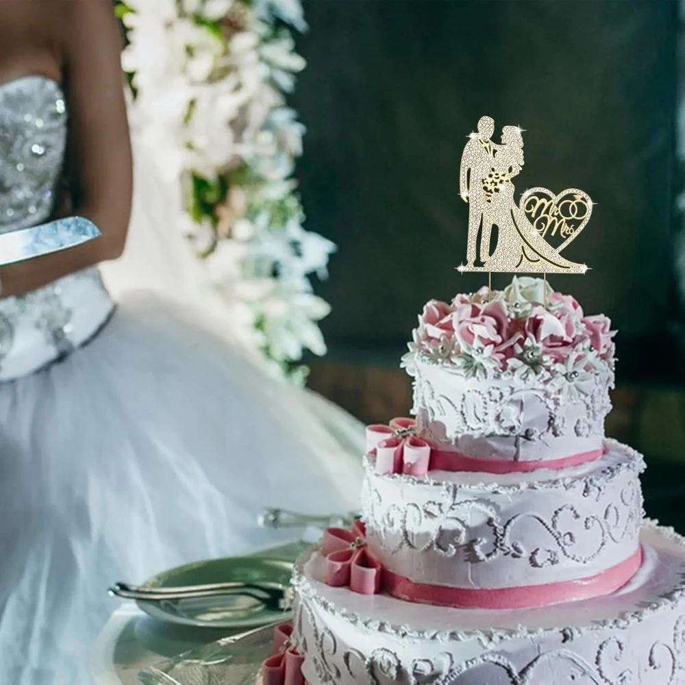 Hochzeitstorte Topper Kristall Strass Metall Mr und Mrs Kuchen Topper Hochzeit Braut und Bräutigam Brautparty Party – Detail 5