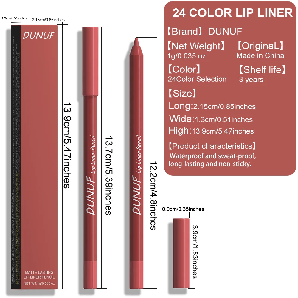 24-kolorowy konturówka do ust, wodoodporna, długotrwała, z aksamitnym matowym wykończeniem, odporna na rozmazywanie, zapewniająca precyzyjną definicję, od naturalnych do wyrazistych efektów.