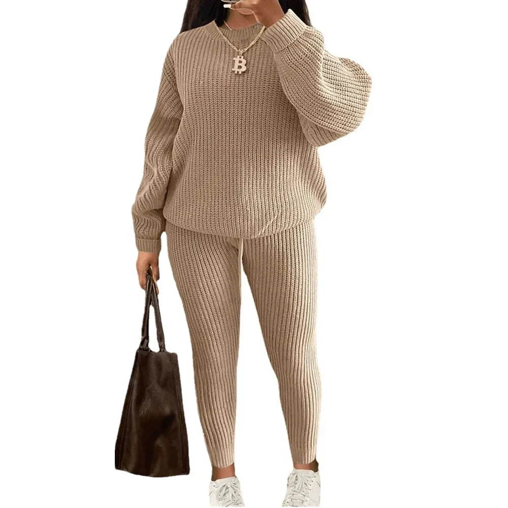 New Autumn Winter Women Knitted Tracksuit Two Piece Set Female Sweater Tops + Elastic Waist Pant Knitted Suit Women Outfits