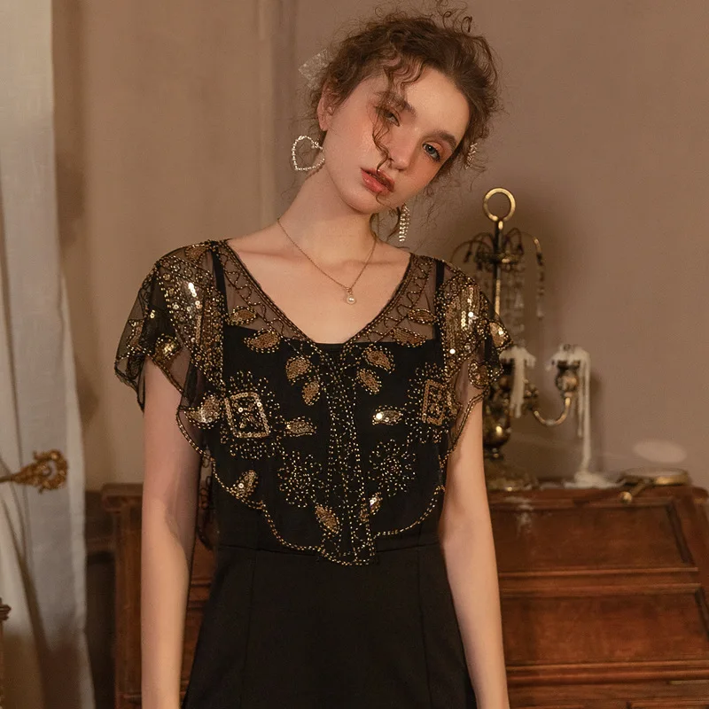 새로운 여름 여성 오픈 카디건 1920 년대 연회 이브닝 드레스 여성 레트로 스팽글 유럽과 미국의 웨딩 드레스 무대 목도리