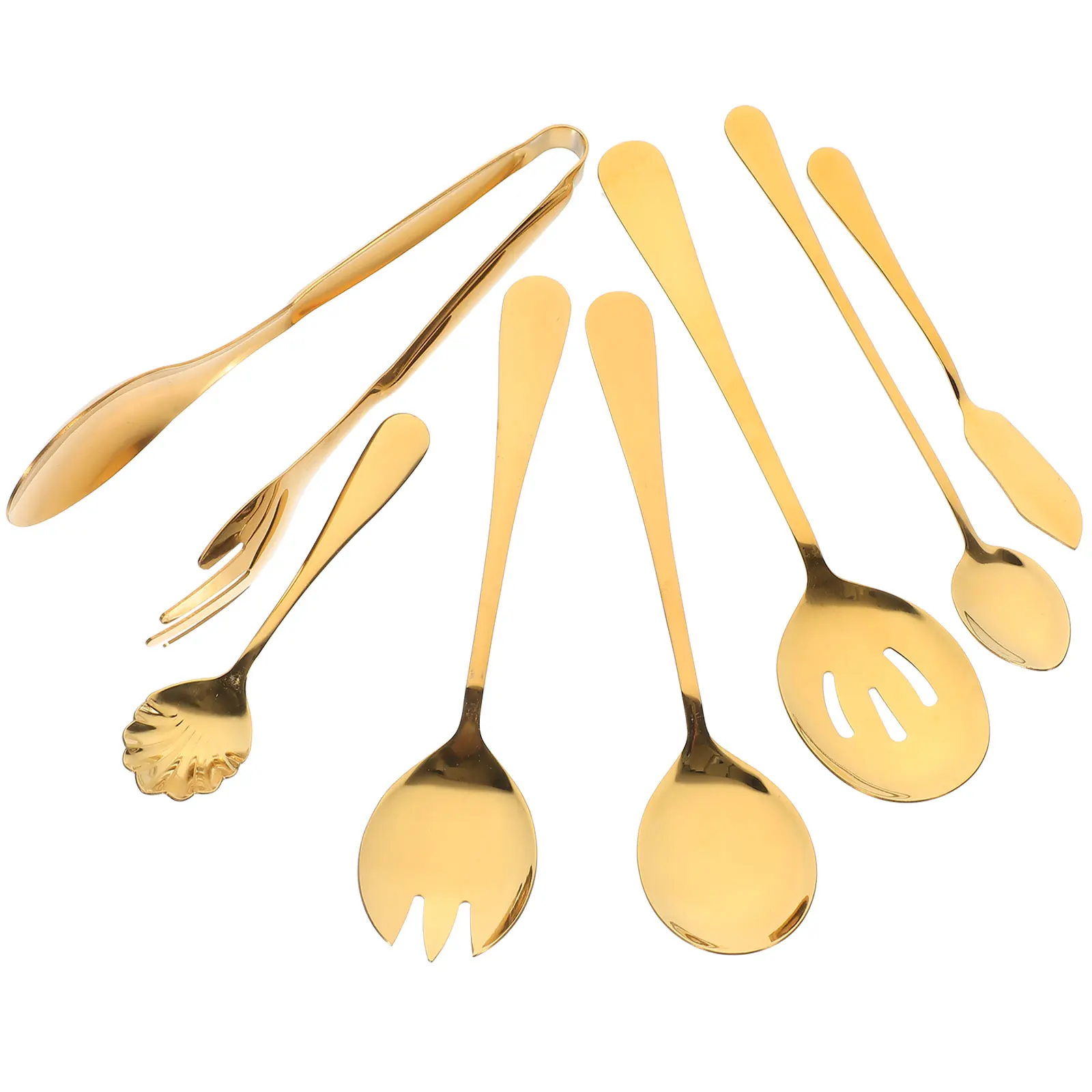 

1 set 7 Pieces Stainless Steel Cutlery Set Golden Reusable Party BBQ Buffet Dinner Forks Knives Spoons Serving Utensils