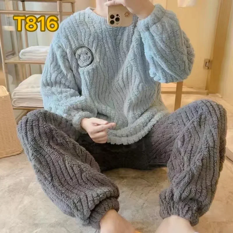 New Arrival Men's Sleepwear Coral Fleece Cartoon Embroidery Thickened Flannel Youth Homewear Suit Soft Comfortable Nightwear