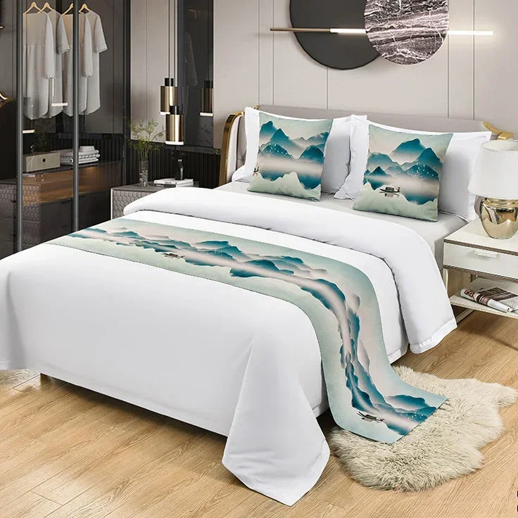 Chinese Landscape Pattern Bed Flag Pillowcase Hotel High-grade Bedding Decor Home Use Comfortable Jacquard Bed End Towel