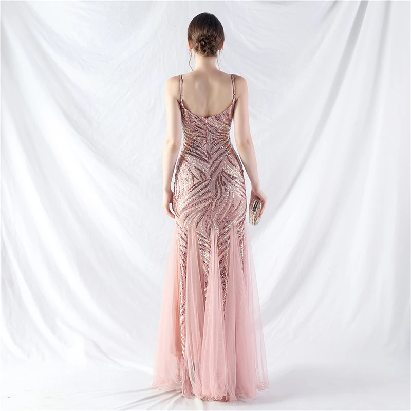 2025年夏 セクシーワンピース レディース スパゲッティストラップ バックレス スパンコール メッシュ カクテル プロム ボールガウン イブニングパーティー ロング マキシドレス