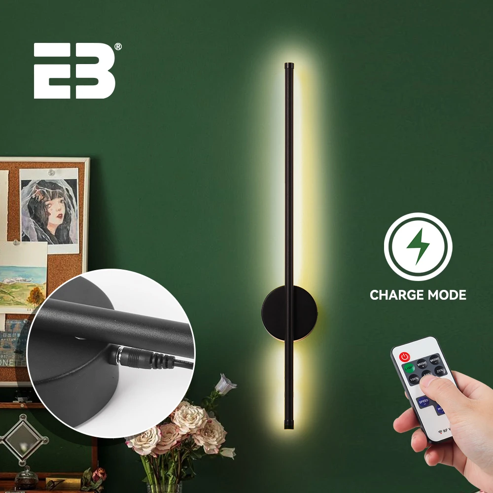 Battery Powered LED Wall Light 80CM Wireless Rechargeable Long Wall Sconce Light with Remote Control Bedroom Bedside Lamp