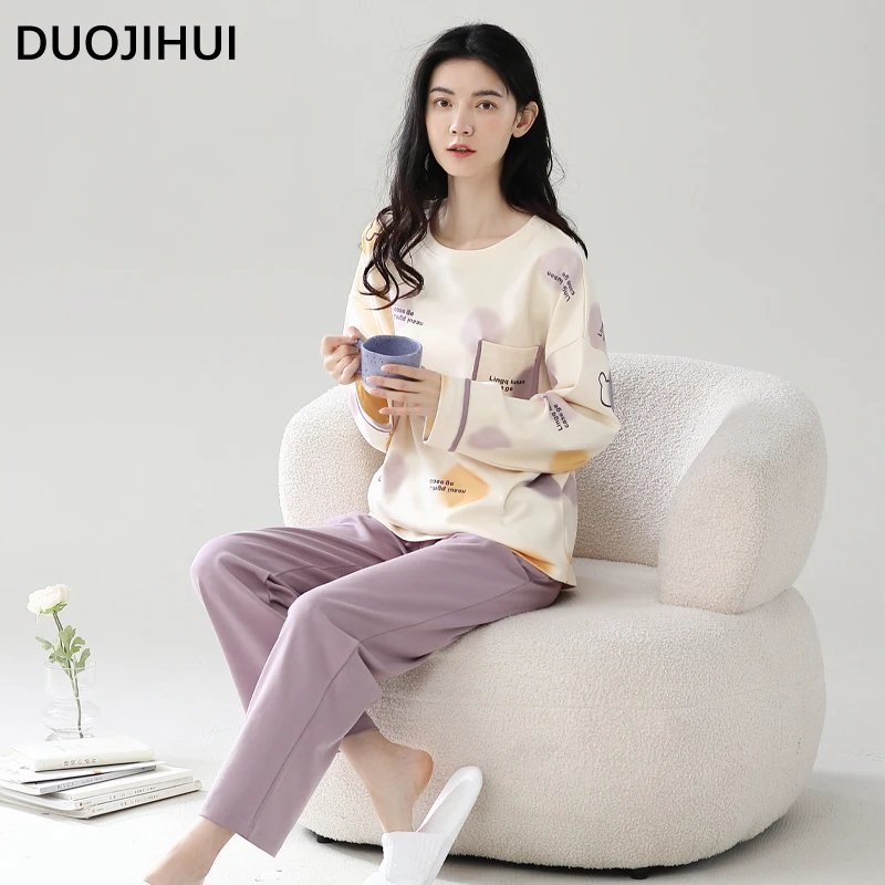 Duojihui-pijamas casuais com bolso para as mulheres, impressão chique, colar redondo, calças soltas, simples, moda, novo