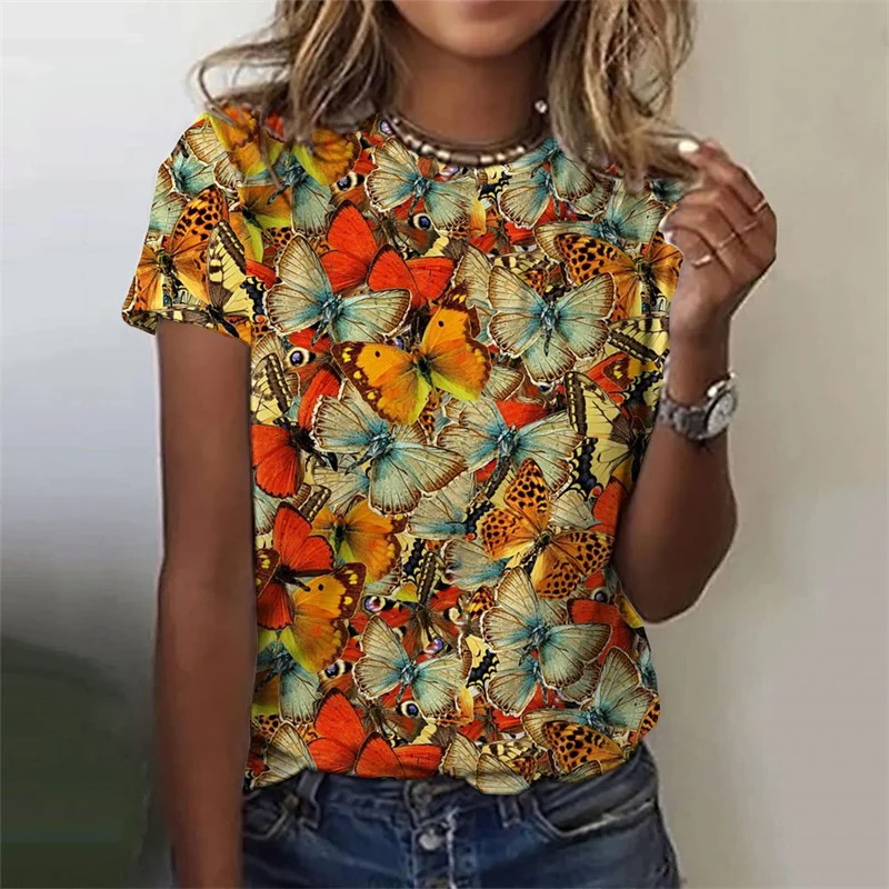 3D Printed Butterfly T-Shirt For Women Colorful Insects Pattern Tees Summer Casual Short Sleeve Round Neck Tops Loose T Shirts
