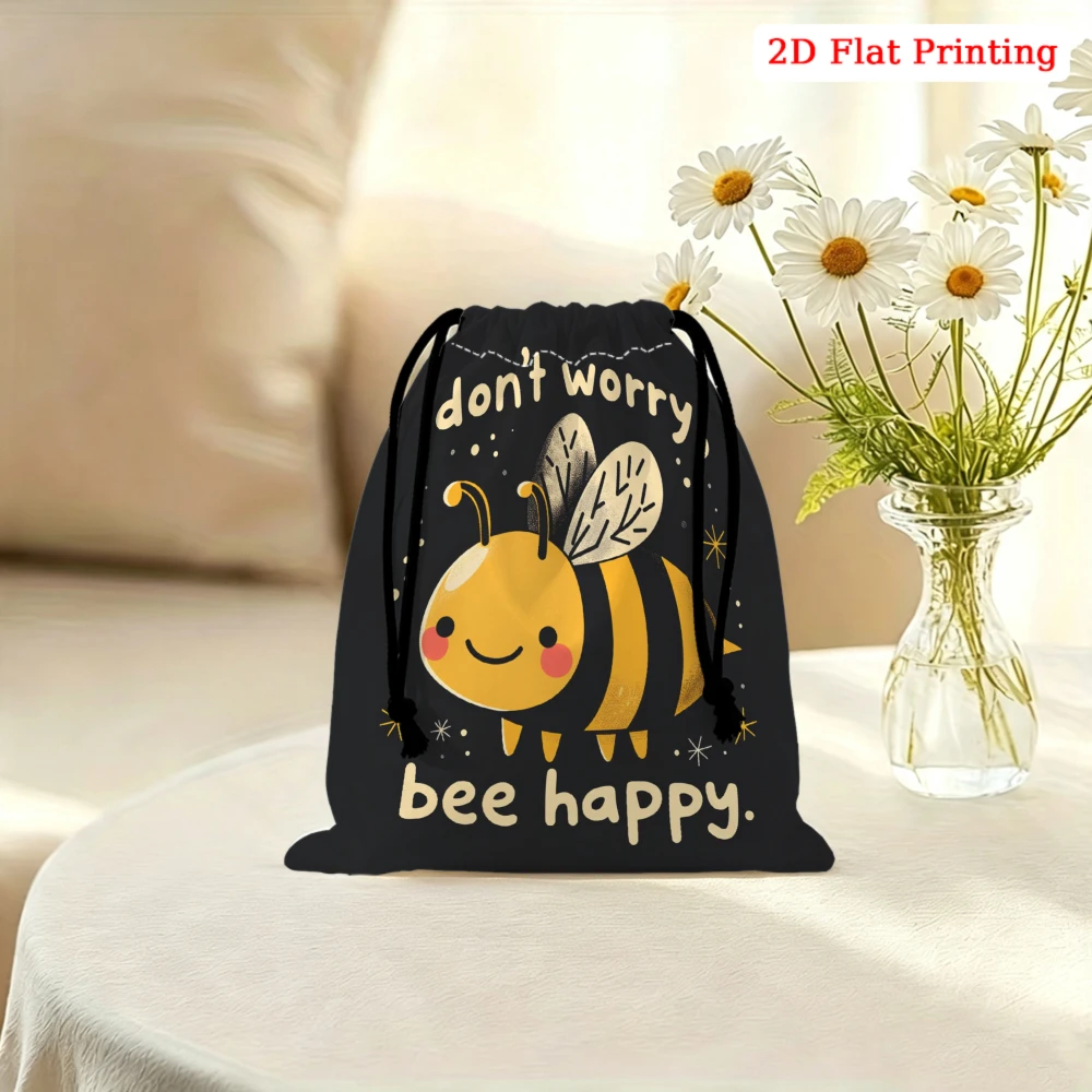 1pc Cartoon Bee Drawstring Bag Black Don T Worry Bee Happy Print Storage Small Pouch For Glasses Cosmetics Travel Organizer Port