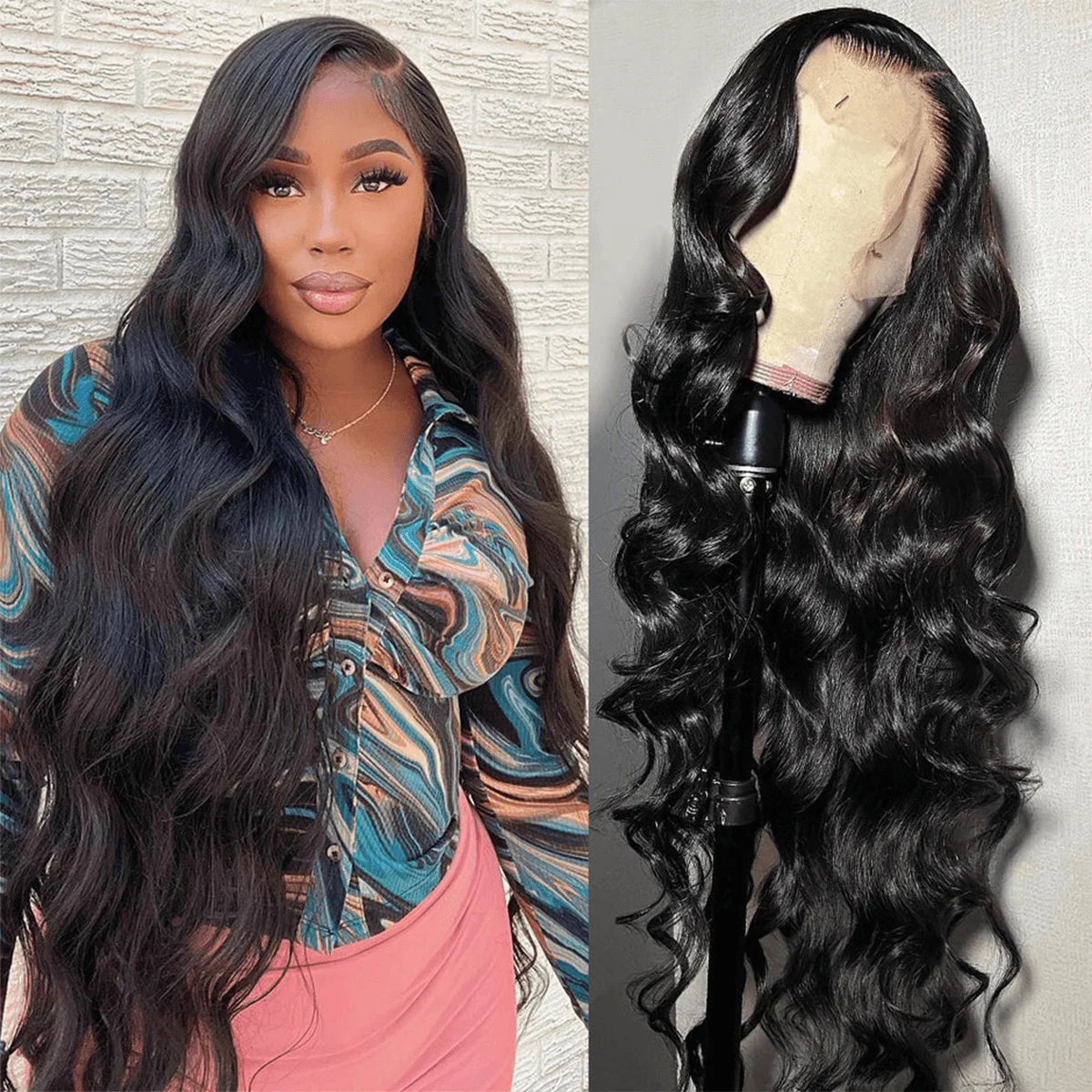 密度180% ナチュラルブラック ボディウェーブ人毛ウィッグ HD透明 13x4 レースフロントウィッグ ブリーチノット レースフロントウィッグ