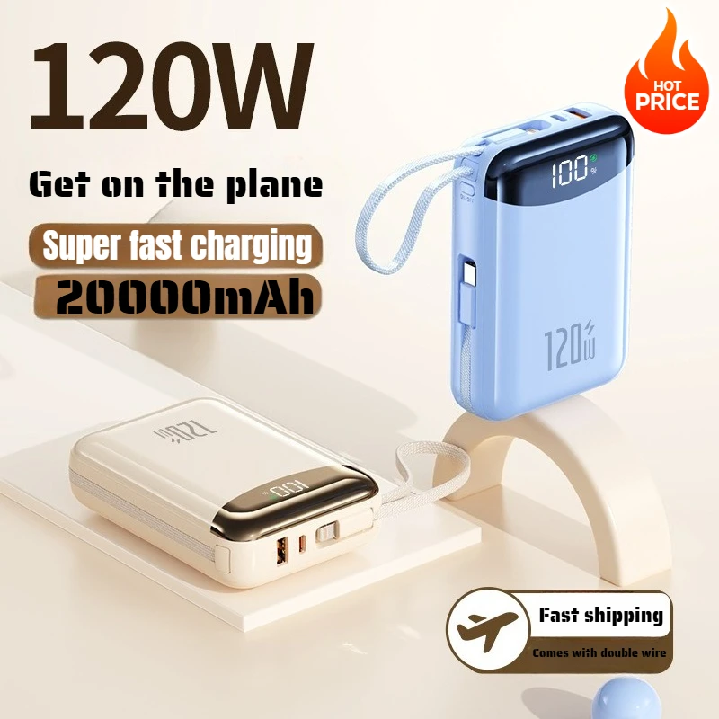 

Портативный внешний аккумулятор большой емкости с быстрой зарядкой, 120 Вт, 20000 мАч, поставляется с 2 линиями для IPhone, Xiaomi, Huawei, новинка