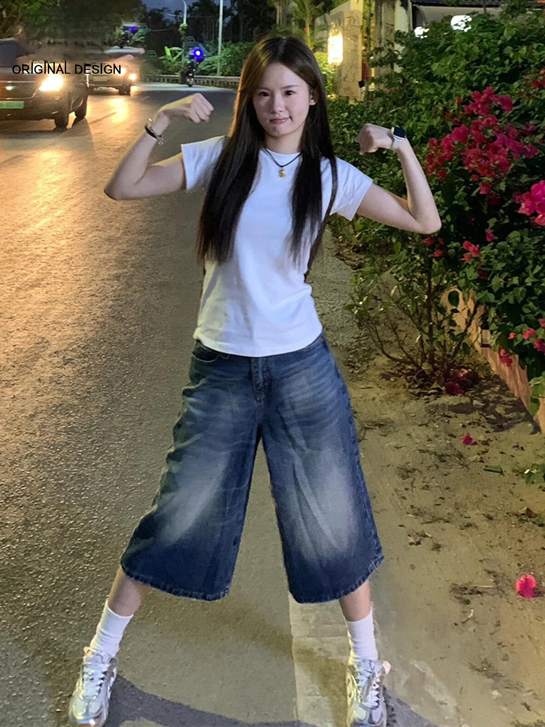 

Американские джинсовые шорты с высокой талией, свободного кроя, прямые, широкие, женские, в стиле ретро, брюки-капри, летние повседневные джинсы