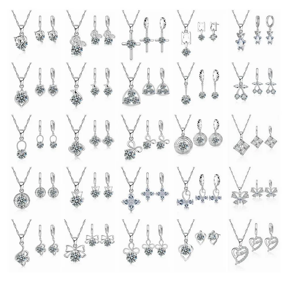 New Jewelry Sets Collections 925 Silver Needle Cubic Zirconia CZ Necklaces Hoop Earrings Women Girls Engagement Gifts