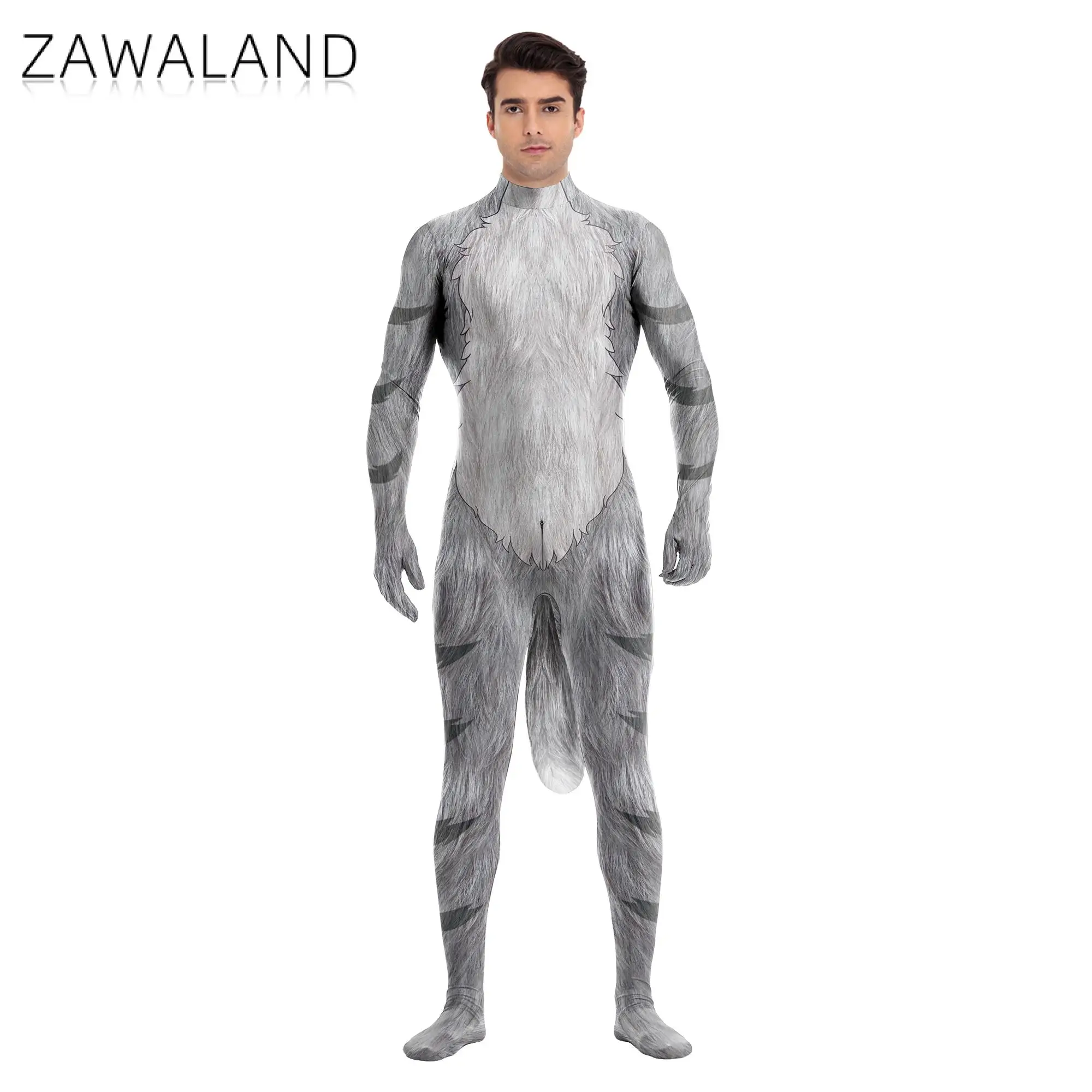 Zawaland 3D Texture พิมพ์สัตว์คอสเพลย์ผู้ชายบอดี้สูทหางเป้าซิปผู้หญิง Jumpsuits Catsuit ชุด Zentai