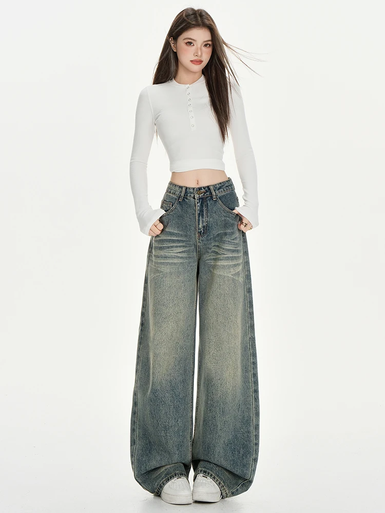 Retro Faded High Waist Wide Leg Jeans Women's Autumn Winter New Style Loose Slim Straight Cut Floor Length Pants