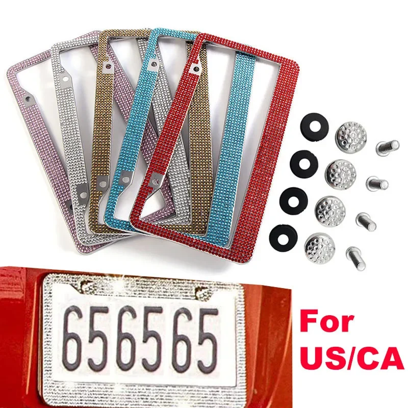 Bling Crystal License Plate Frame Women Luxury Handmade Rhinestone Car Frame Plate Cover Holder Stainless Steel Fit US Model