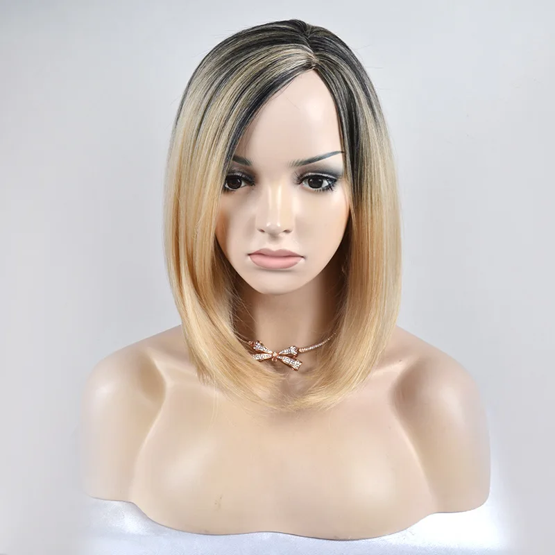 Chemical fiber European and American COS wave head short straight hair Wish pick black head center split bangs Personalized Kore