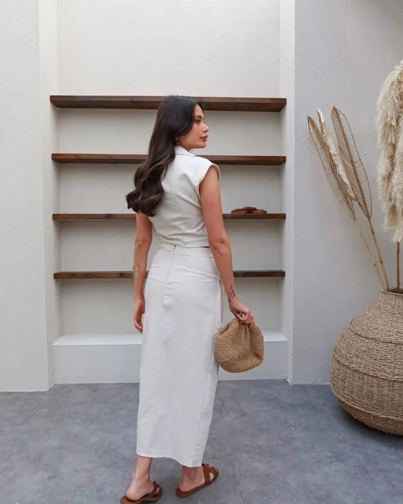 2025 feminino elegante moda casual terno plissado lapela blusa sem mangas e saia midi confortável com botões