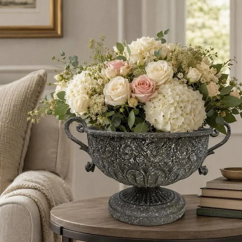 French Metal Flowerpot Retro Gray High Footed Double Ear Large Vase Courtyard Balcony Desktop Decoration Green Plant Pot