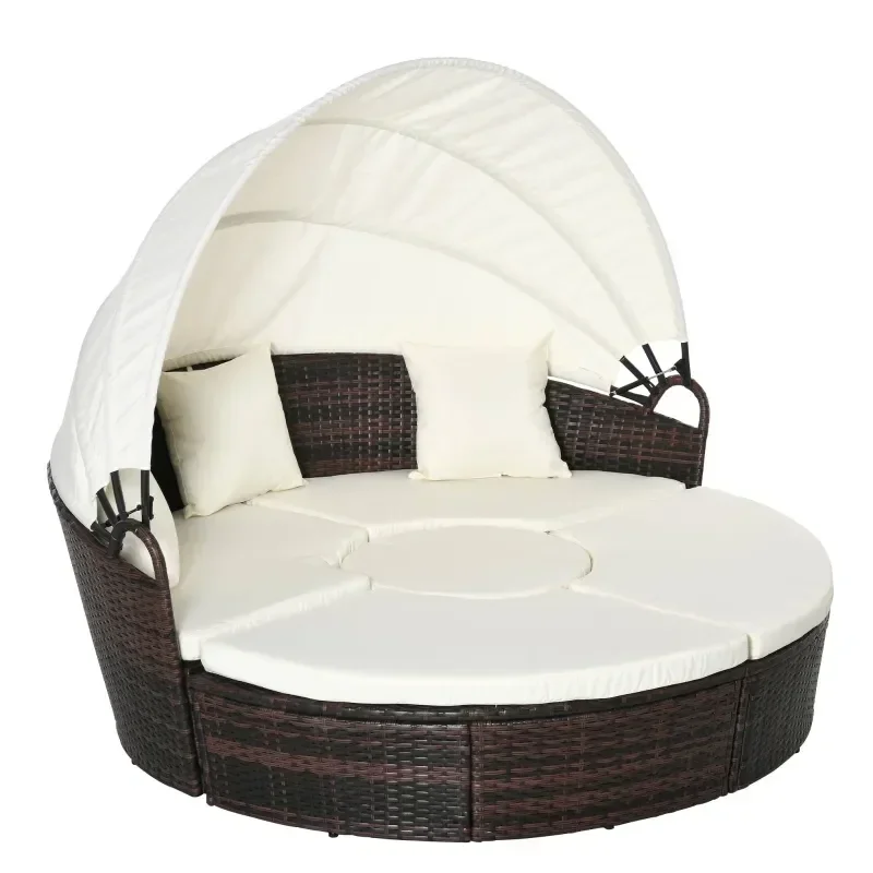 Round Outdoor Sectional Sofa Set Rattan Daybed Sunbed with Retractable Canopy, Separate Seating and Removable Cushion (White)