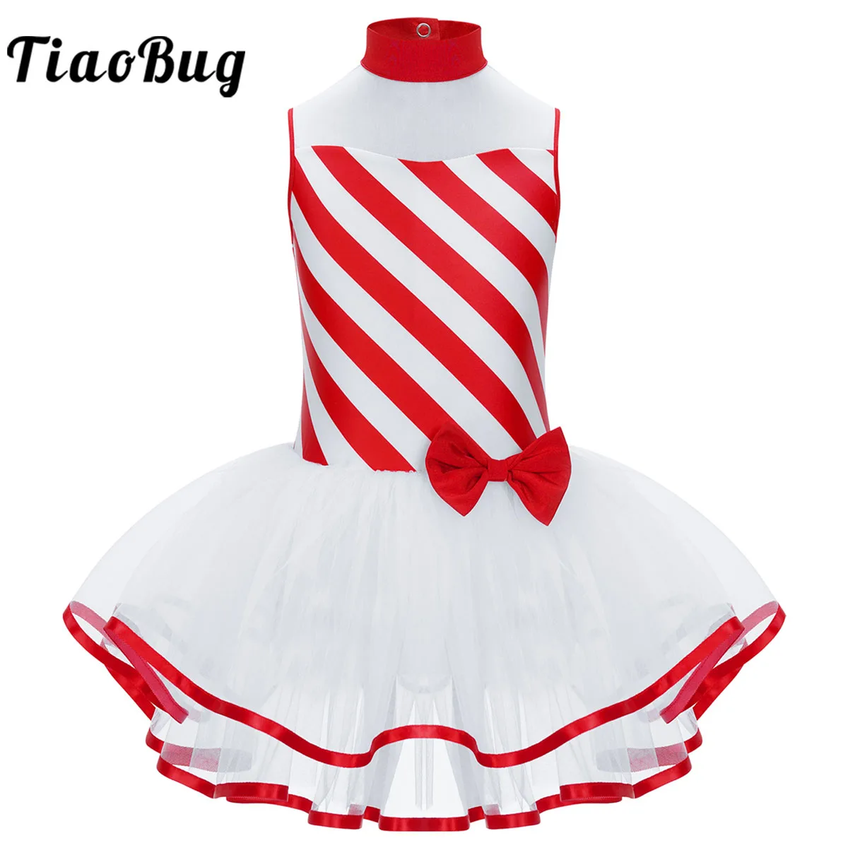 

Kids Girls Candy Cane Christmas Mrs Santa Claus Costume Striped Bowtie Figure Ice Skating Dress Ballet Tutu Leotard Dancewear