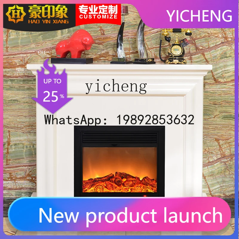 

ZP60 Living Room Solid Wood Marble White TV Background Wall Electric Fireplace Simulation Flame Fireplace Heater Home