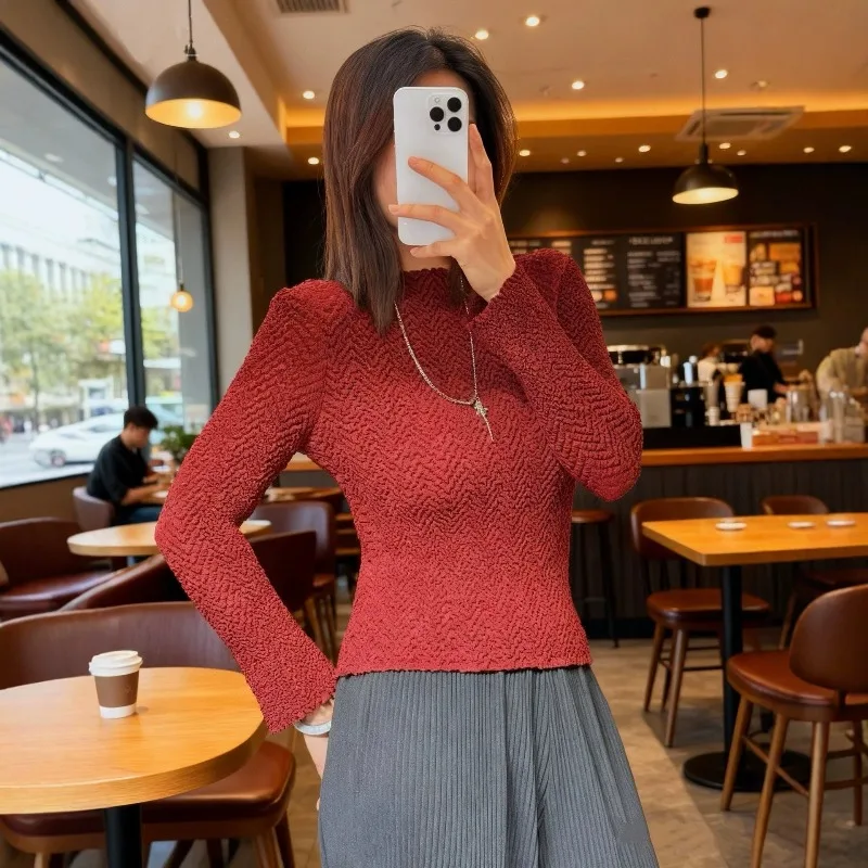 Miyake Pleated 2026 Autumn New Texture Pleated Design Fashion Irregular Pleated Solid Color Long Sleeve Casual Versatile Top