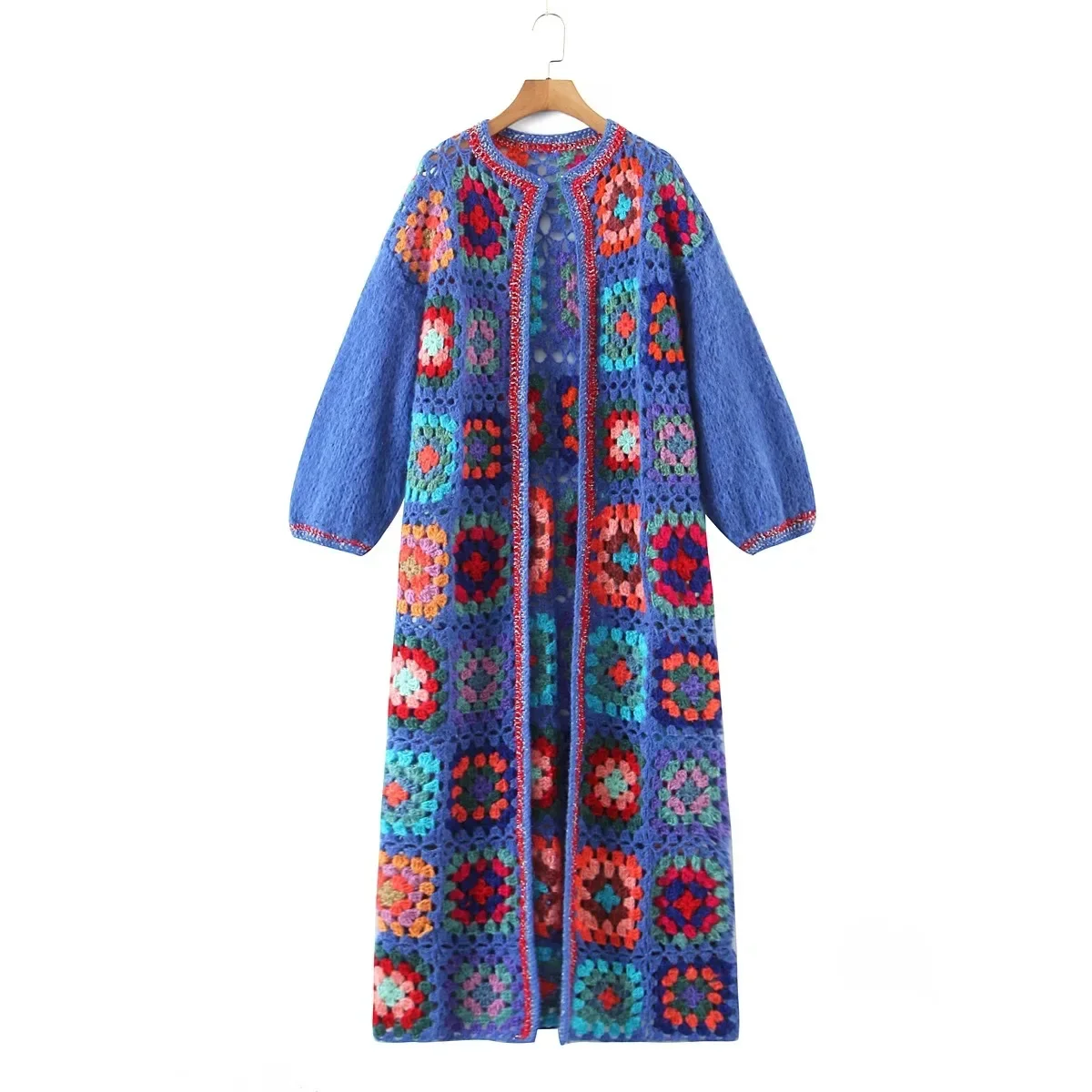 Fall Long-sleeved Knitted Cardigan Women Europe and America Fashion Colorful Handmade Long Oversized Cardigan Trench Coat Jacket