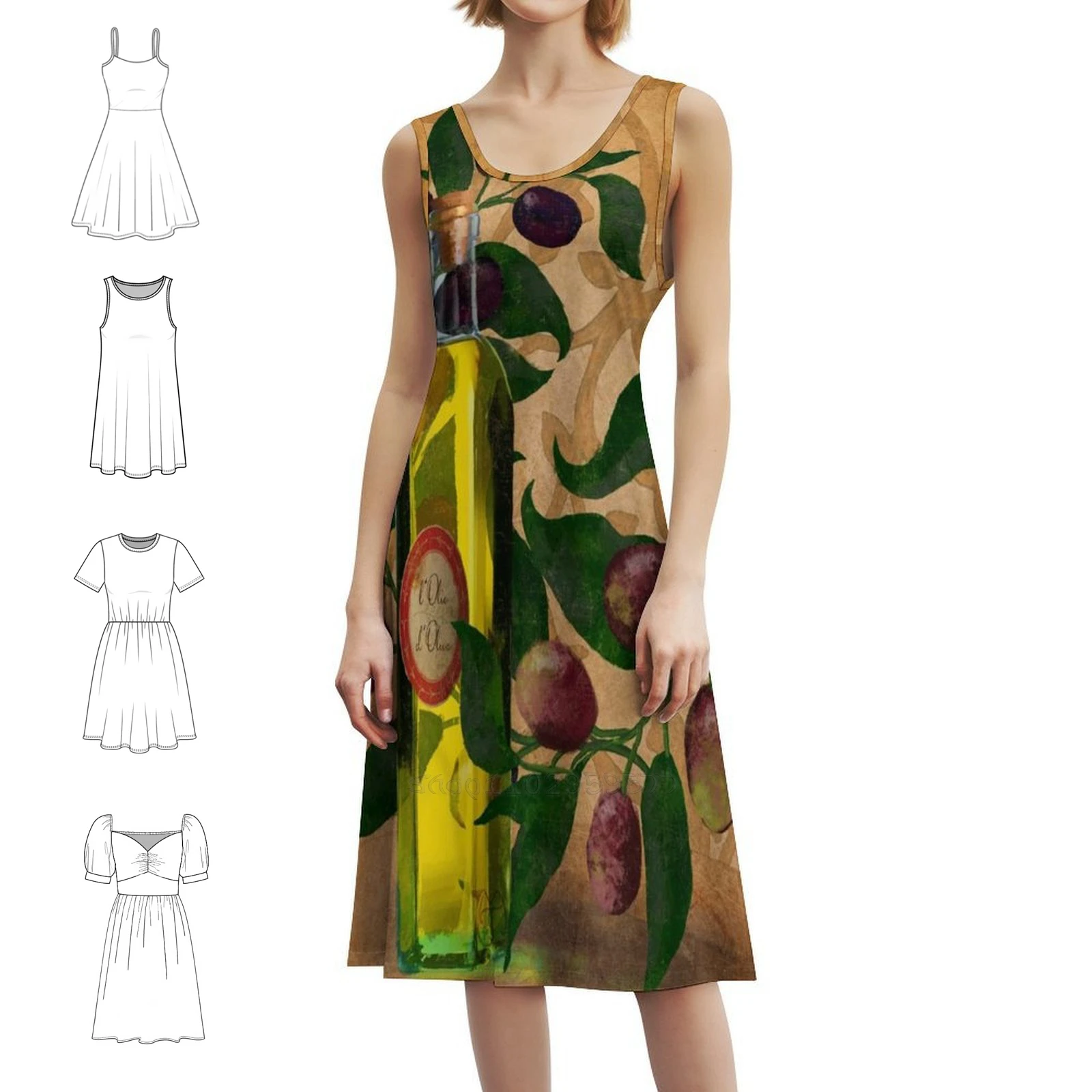 Aceitunas y aceite de oliva italiano naturaleza muerta arte de cocina vestido bohemio sin mangas vestido de fiesta de vacaciones en la playa con múltiples estampado Oliva