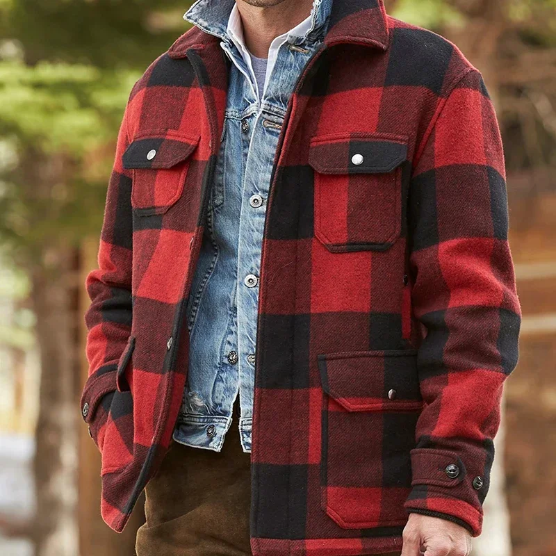 

Autumn And Winter Single Breasted Coat Warm Lapel Pocket Fashion Casual Men's Plaid Thickened Shirt Coat Clothing For Man