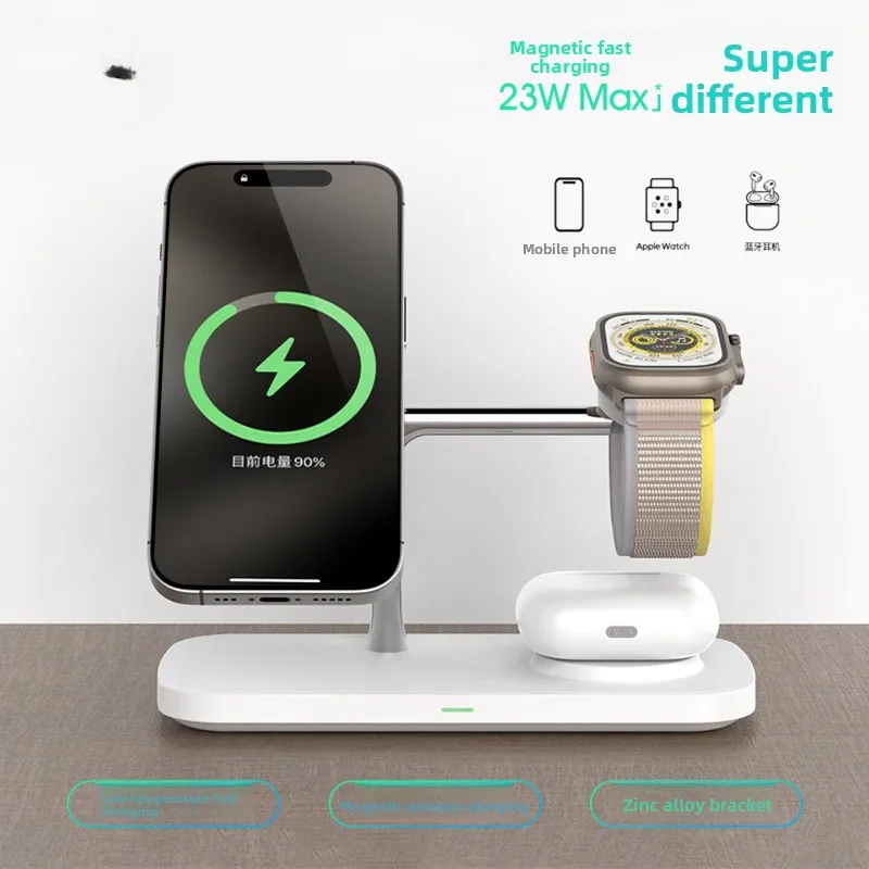 3 in 1 Magnetic Wireless Charging Station with FOD Protection White Desktop Charger for Compatible Phone Watch and Earbuds