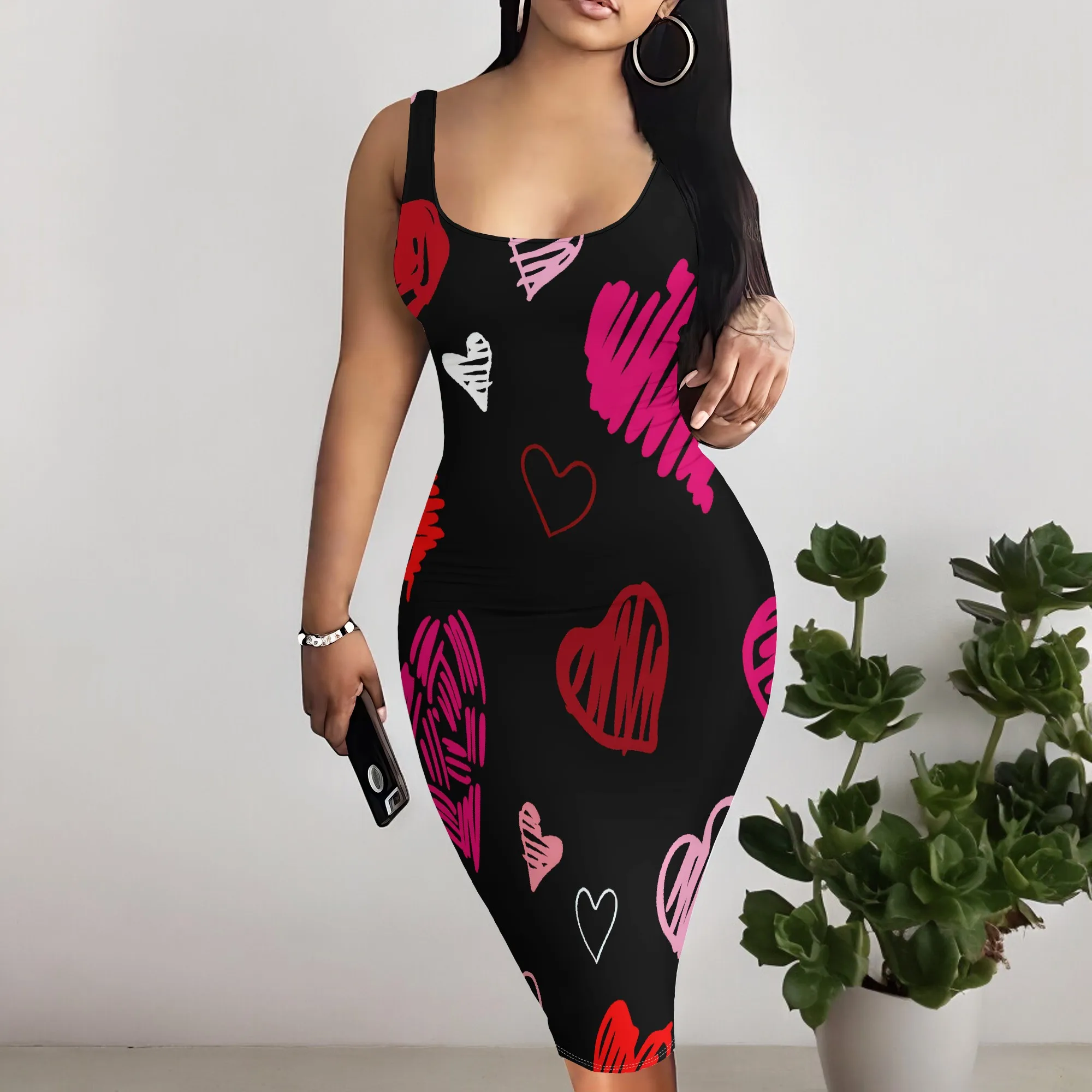 

Women's Valentine's Day Heart Print Bodycon Dress Sexy Sleeveless Party Club Dress for Women S-3XL