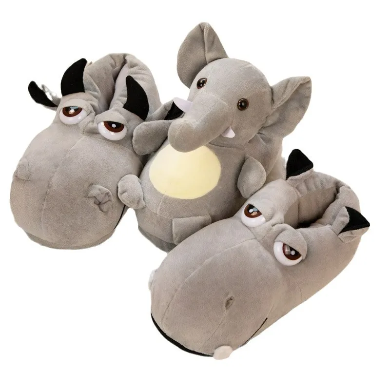 

Cartoon Hippopotamus Elephant Cotton Slippers Bag for Couples, Indoor Warmth, Home Furnishings, Woolen Boots, Cotton Shoes