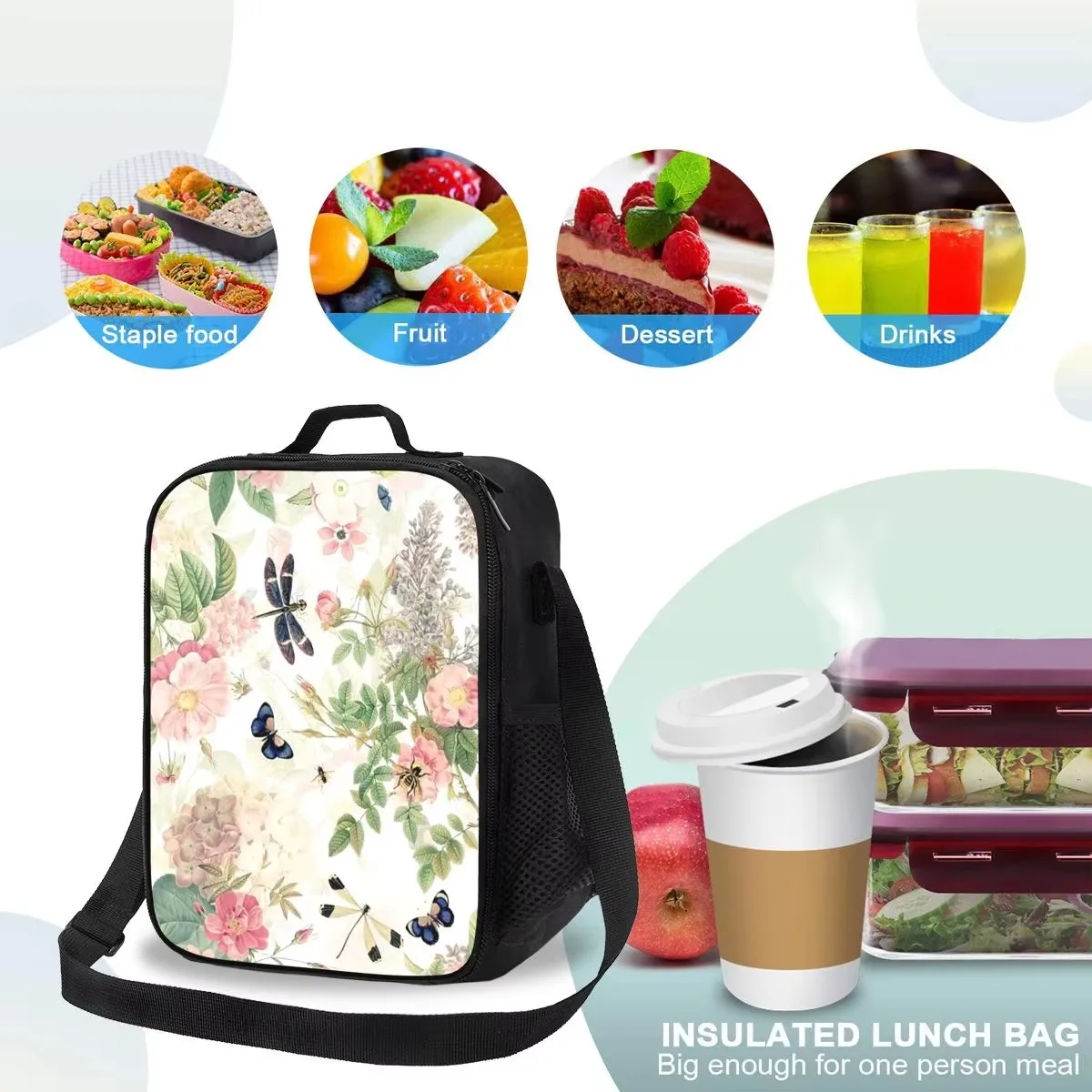 Vintage Roses Spring Flower And Early Insects Botanical Insulated Lunch Bag Food Boxes Portable Container Lunch Box Tote