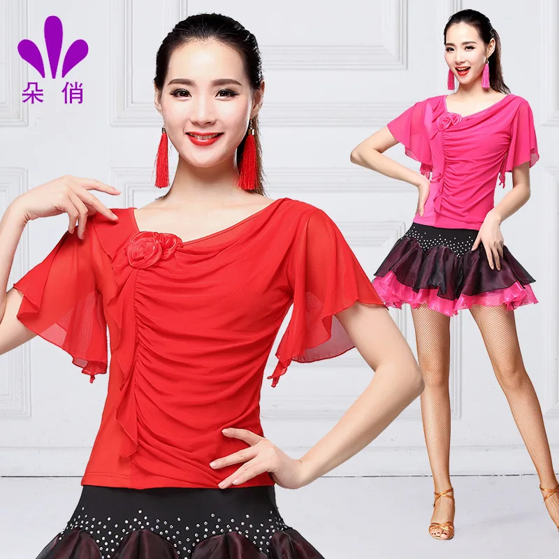 1pcs/lot fashion style woman latin dancing pleated blouse female sweet flower modern dancing top