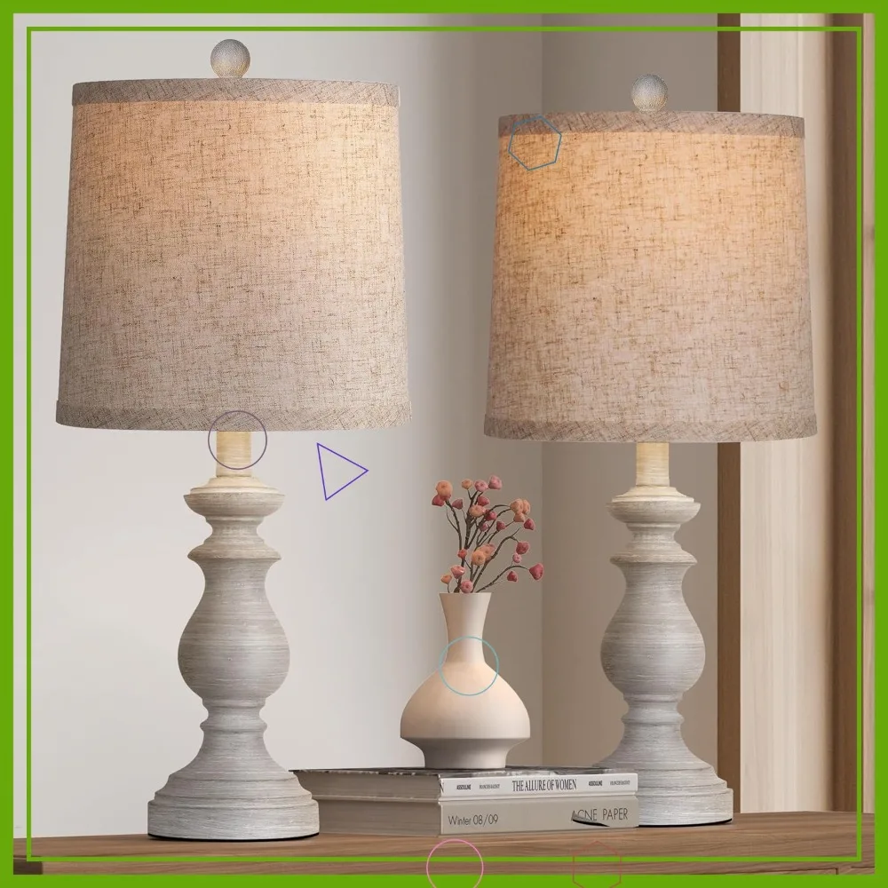 

Set of 2 Rustic Farmhouse Table Lamps, Vintage Nightstand Lamps with Linen Shades for Living Room Bedroom, Antique Grey