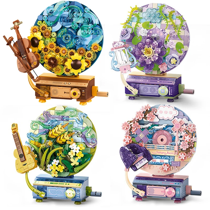 4pcs/set Flower Hand Record player Building Blocks Creative Musical Instrument Bricks Decoration Toys For Children Gift