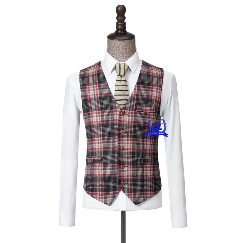 Red Check Waistcoat Plaid Tweed Vest Suits Vest  V Style Lapel Waistcoat Suits Vest