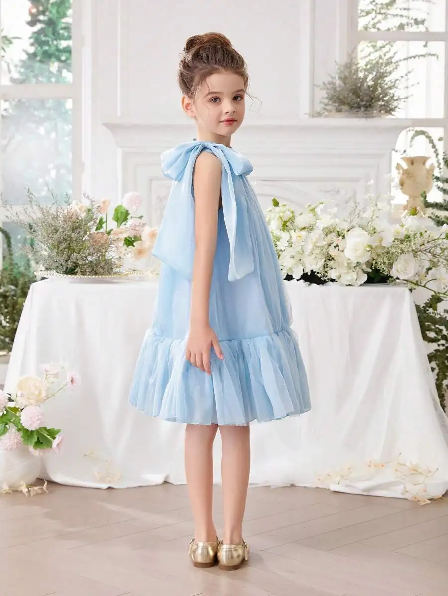 

Light Blue Bow Tulle Evening Dress With Ruffles And Tiered Skirt