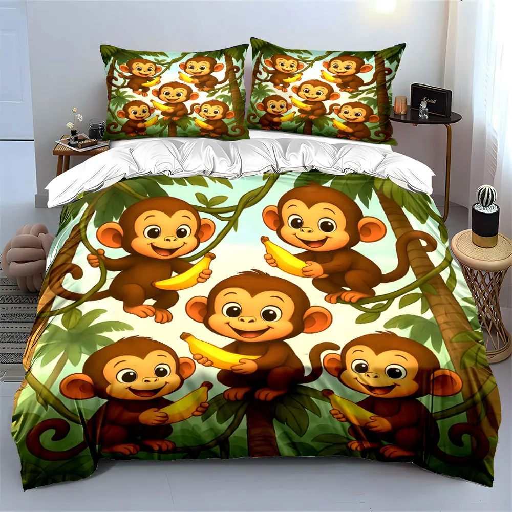Cute monkeys holding bananas on trees Print Bedding Set 1 Duvet Cover 2Pillowcases for Adult and Children Luxury Gift Full Size