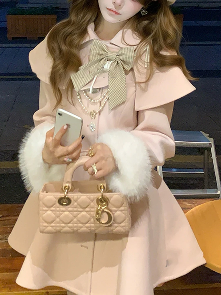 

e Pink Woolen Coat Women's Winter ort Dr Coat Slimming Waist Design Commute Sle Regular Length Polyester Fiber