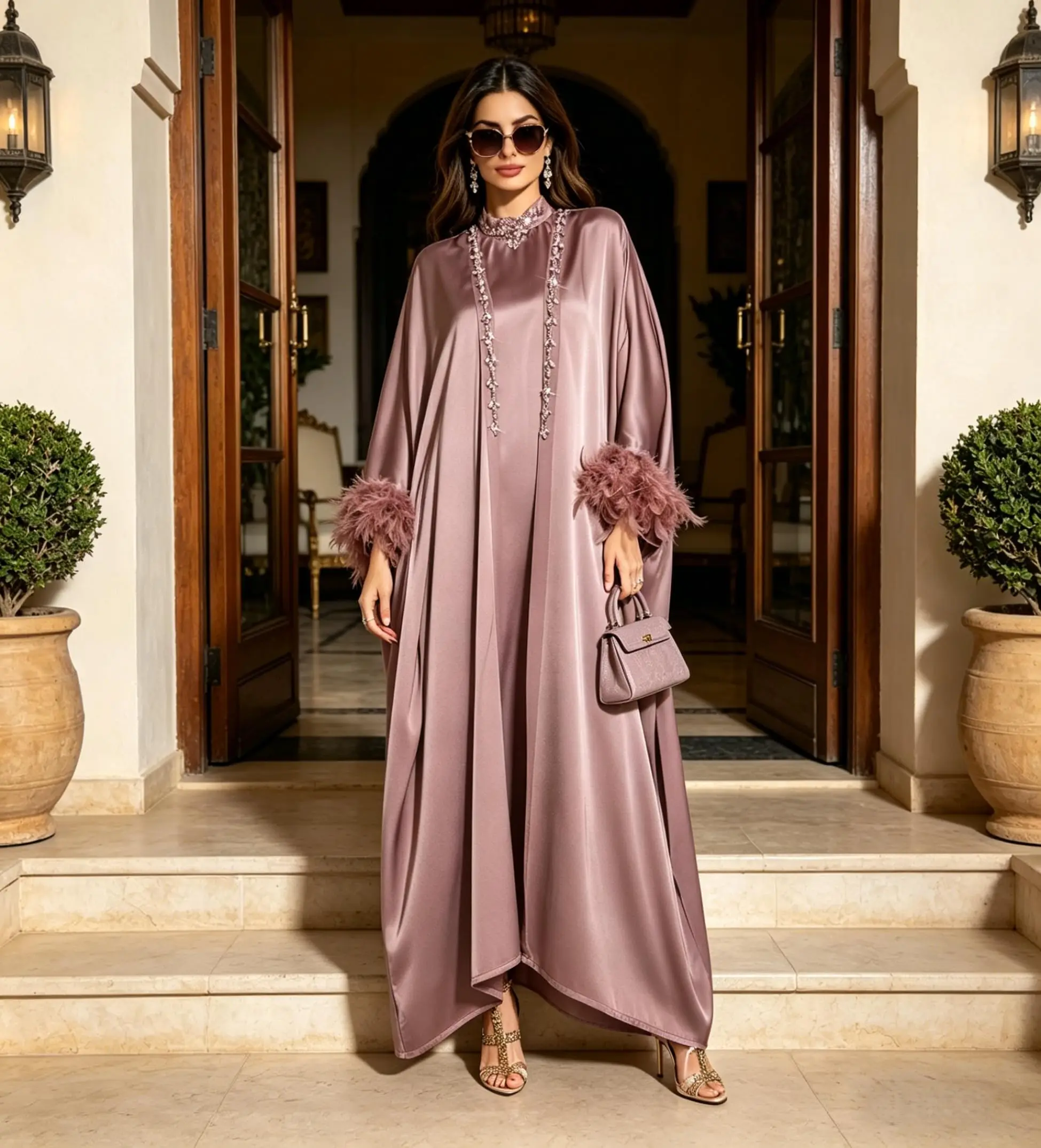 

Dusty Rose Satin Kaftan Set, Feather Sleeve Outer Abaya with Rhinestone Halter Maxi Dress, 2 Piece Elegant Formal Dress