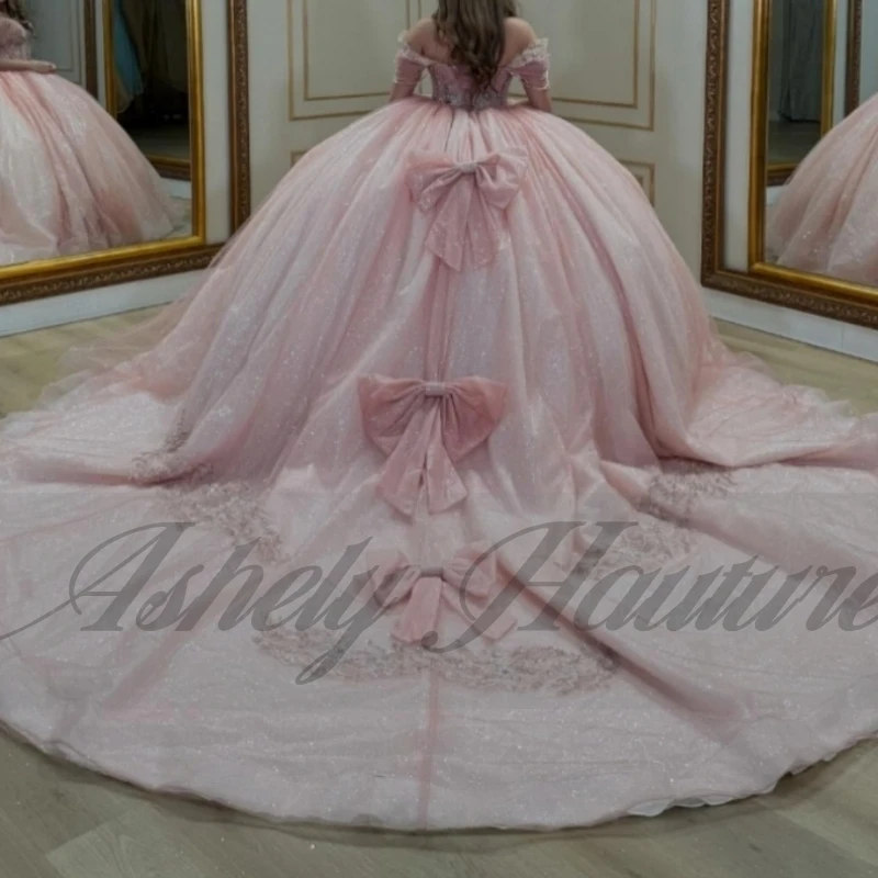 

High Quality Gorgeous Pink Quinceanera Dresses With Train Beading Bowknot Princess 15th Girl Birthday Party Prom Dress Vestido