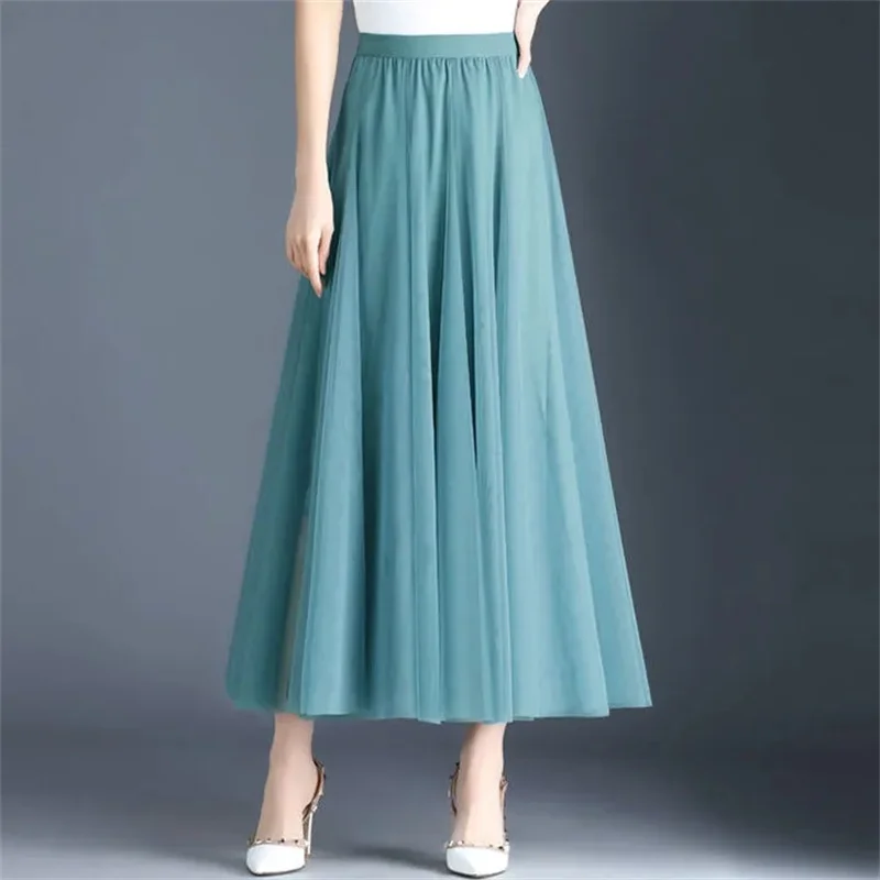 Vintage Tulle jupe femmes Streetwear élastique taille haute maille jupes plissées été élégant coréen une ligne bureau dames jupe nouveau
