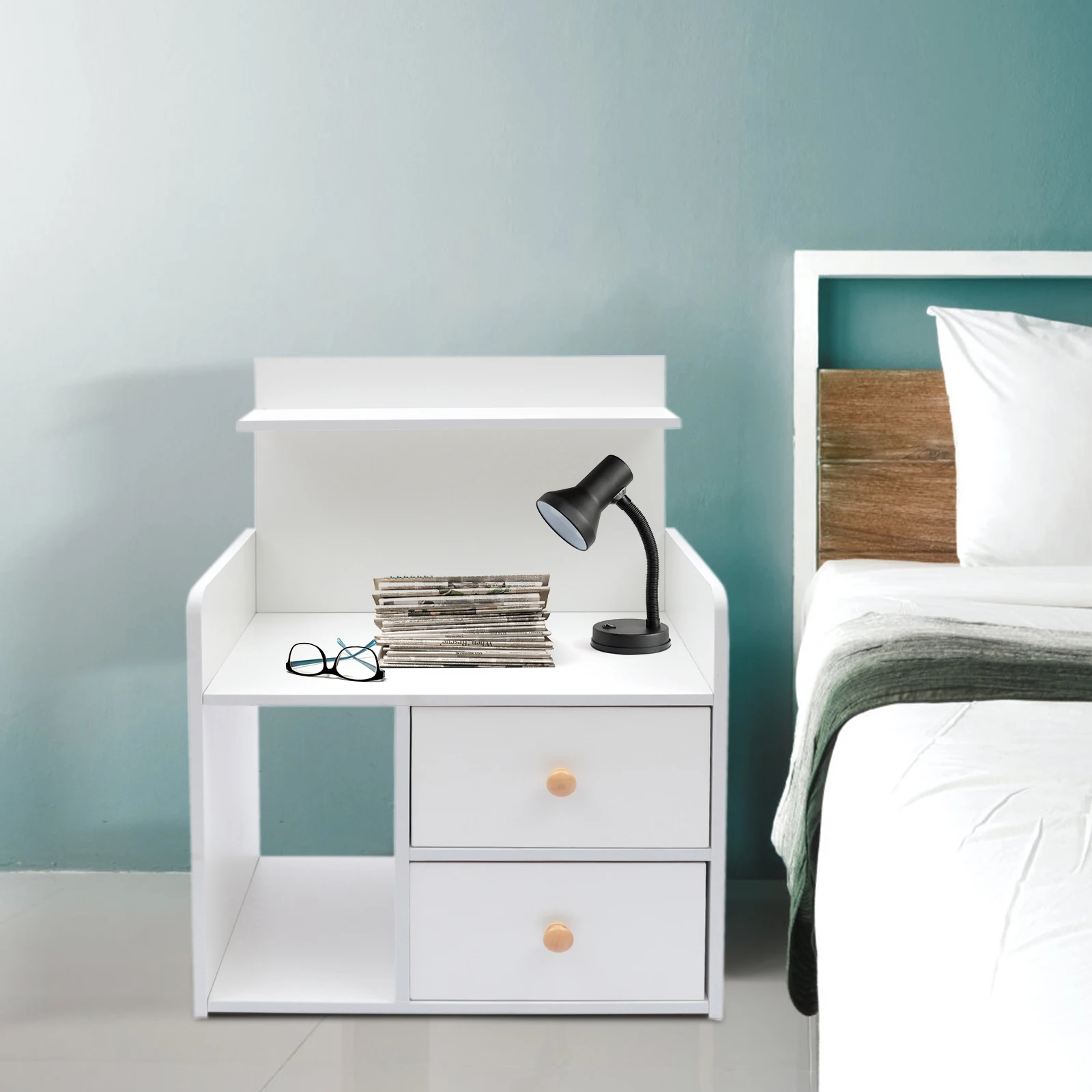 

23.6 Inch Small Nightstand 60 cm Short Bedside Table 4 Tier End Table with 2 Drawer and Open Shelf for Low Bed Living Room