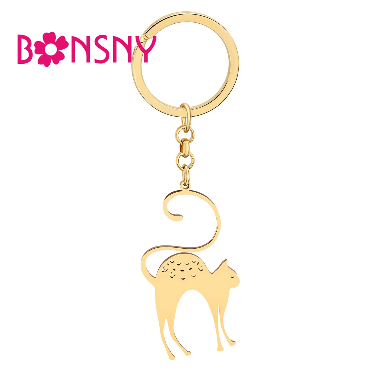 Bonsny Stainless Steel Gold-plated Cat Keychain Puppy Pet Key Rings Handbag Car Accessories Jewelry For Women Girls Charms Gift