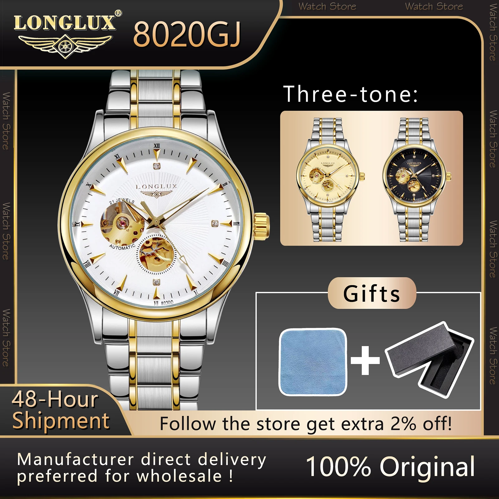 

LONGLUX automatic watch elegant mechanical wristwatches luxury stainless steel waterproof skeleton mens watch men gift