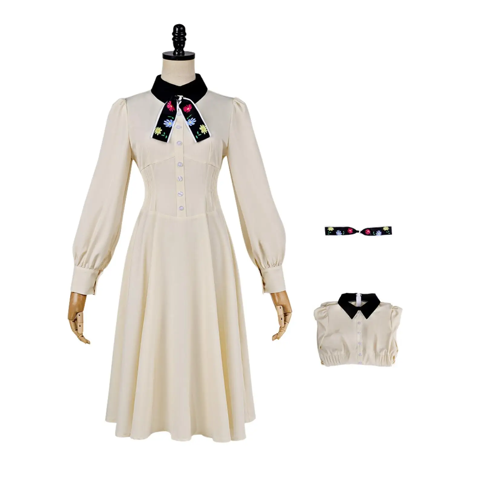 AwwwCos Anime Mei Kinosaki Cosplay Costume Beige Vintage Long Sleeve Midi Dress with Daisy Tie for Halloween Party Daily Wear